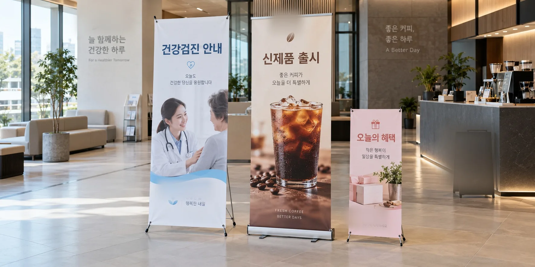 매장 로비에 설치한 X배너와 롤업배너
