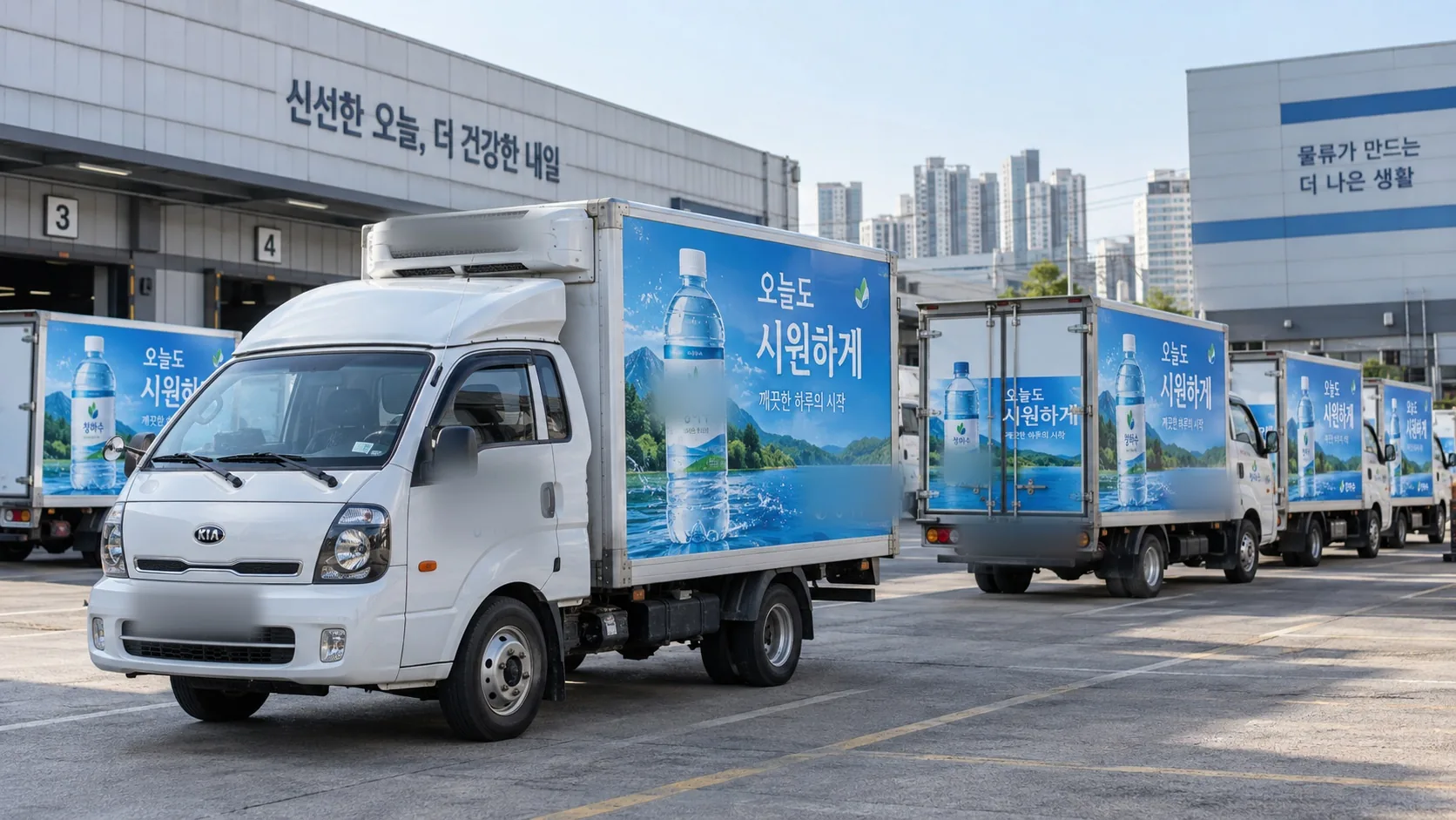 브랜드 광고를 시공한 택배차 여러 대가 늘어선 현장