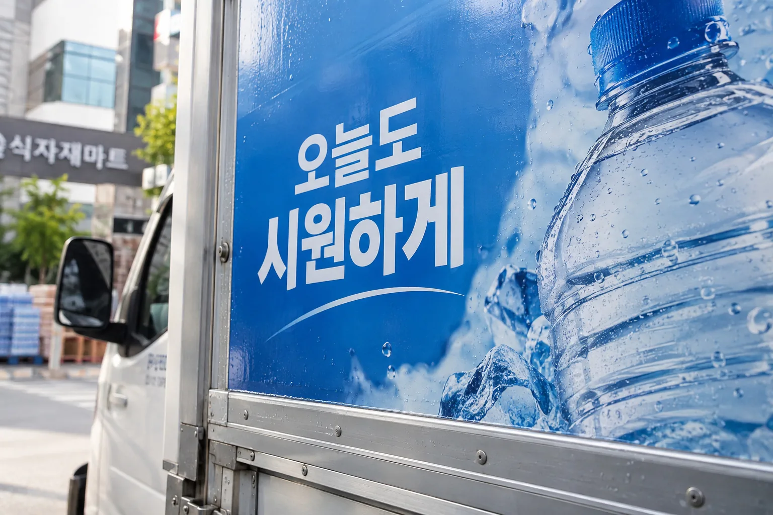 택배차 적재함에 시공된 광고 출력물 근접
