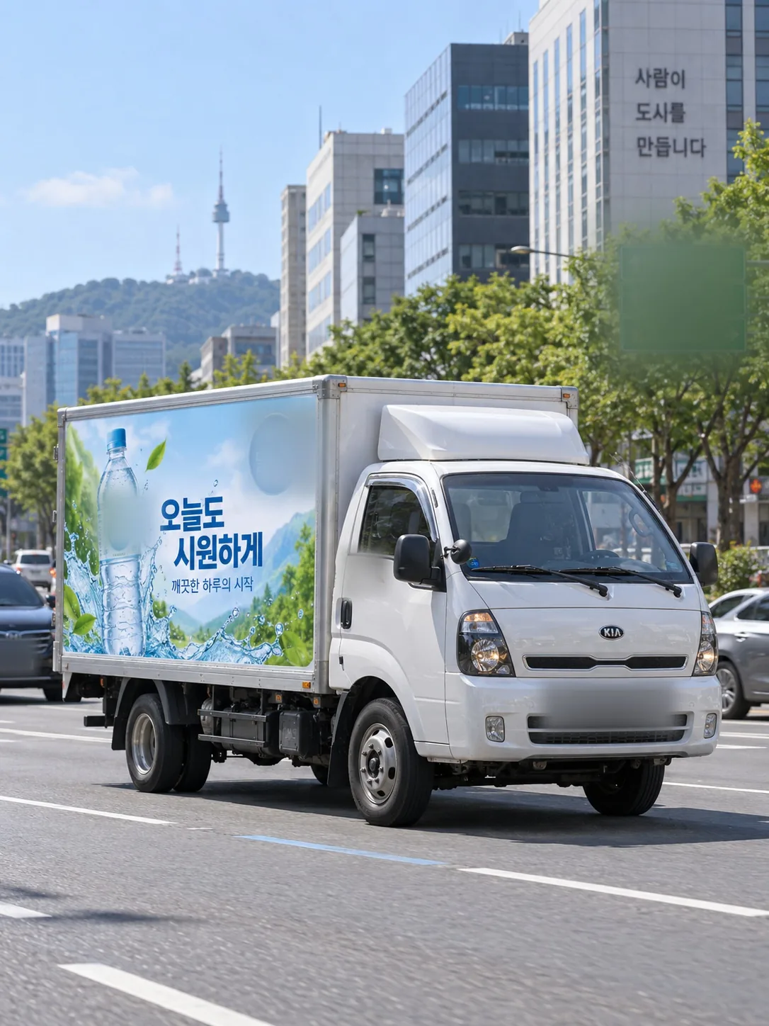 브랜드 광고를 시공한 택배차가 도심 도로를 주행하는 모습