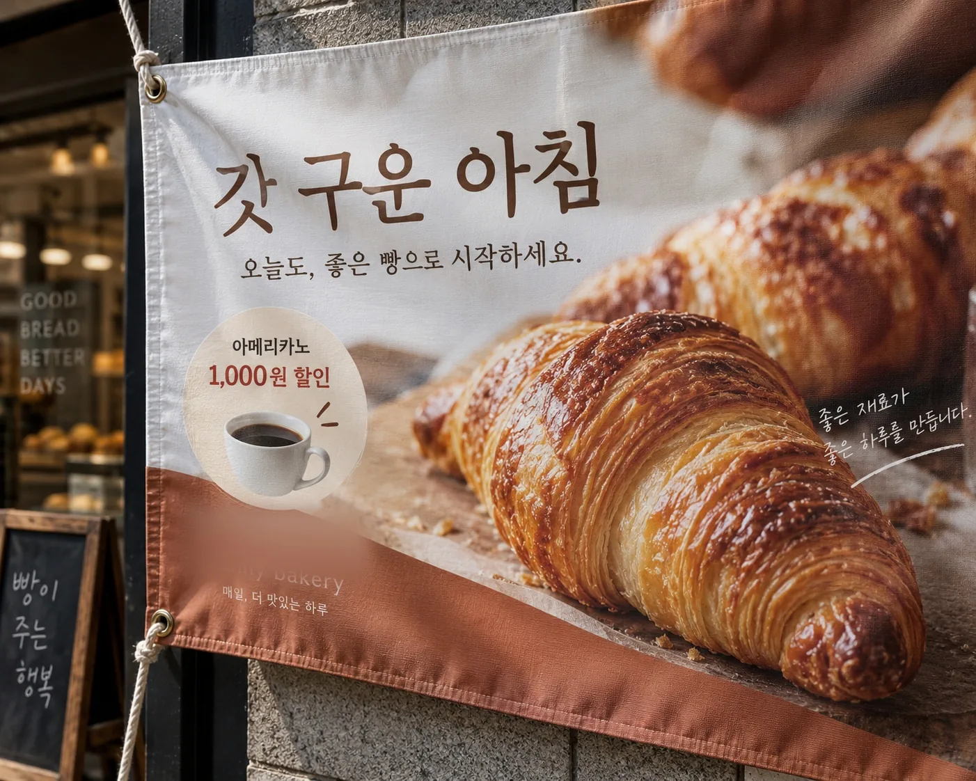 매장 앞에 설치한 현수막 출력물 근접