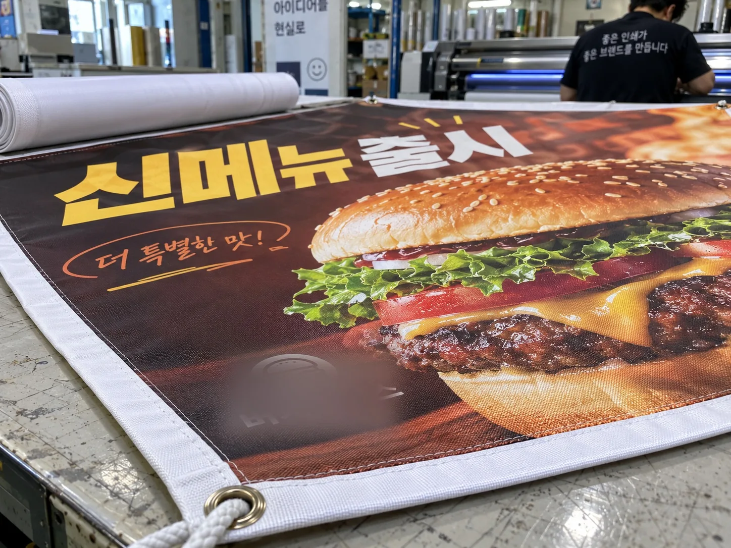 현수막 원단 출력면과 아일렛 마감 근접
