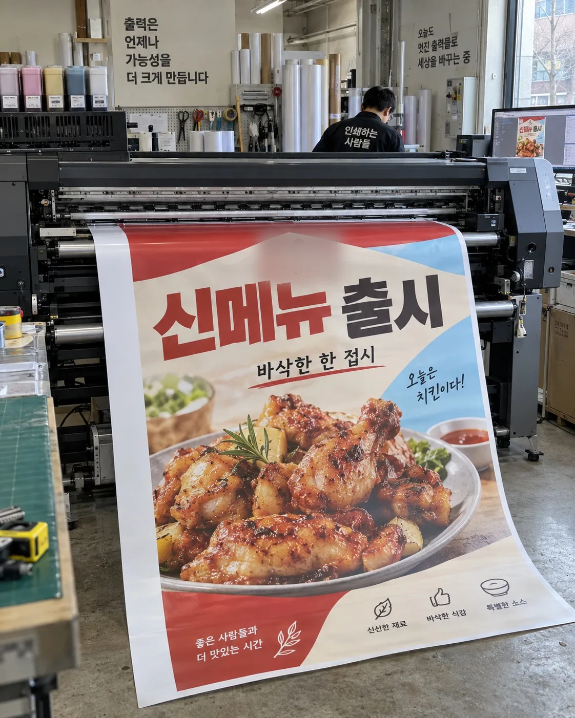 대형 출력기에서 인쇄되어 나오는 현수막 출력물