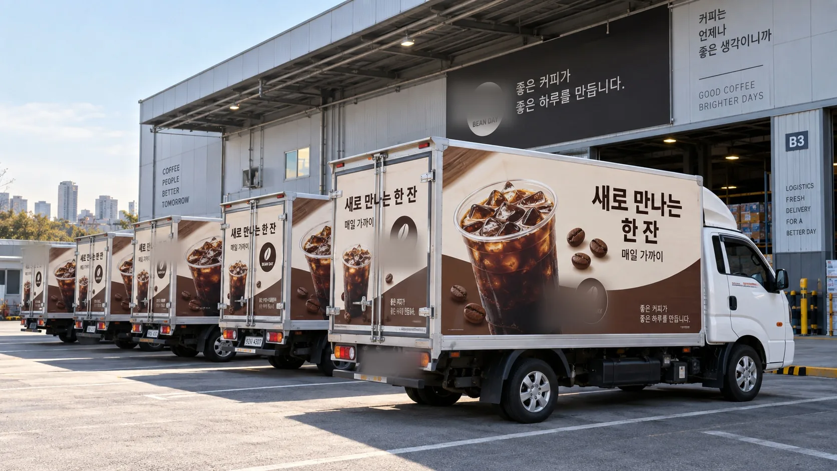브랜드 광고를 시공한 택배차 여러 대가 늘어선 모습