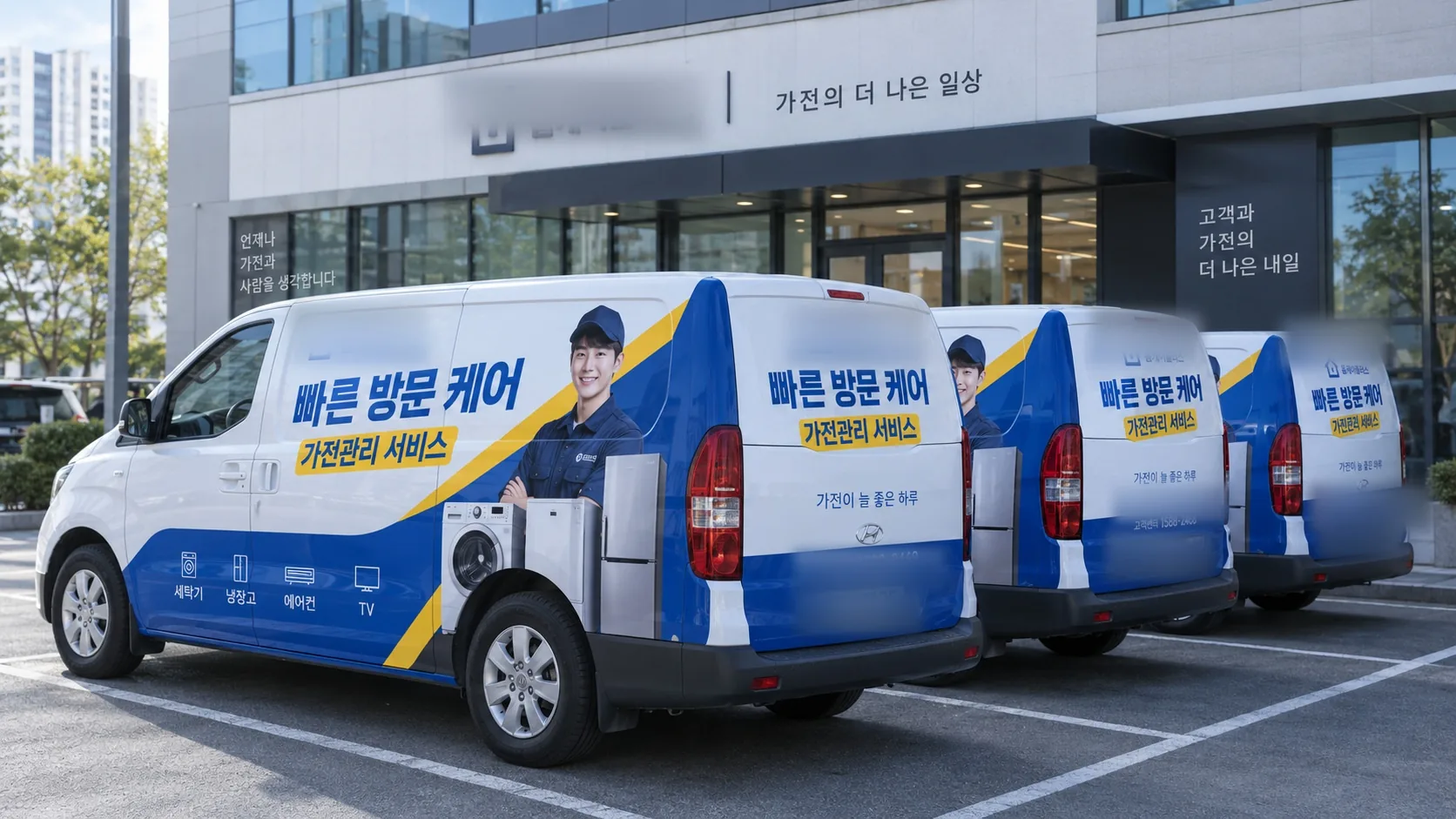 같은 브랜드로 랩핑한 차량들이 나란히 세워진 모습