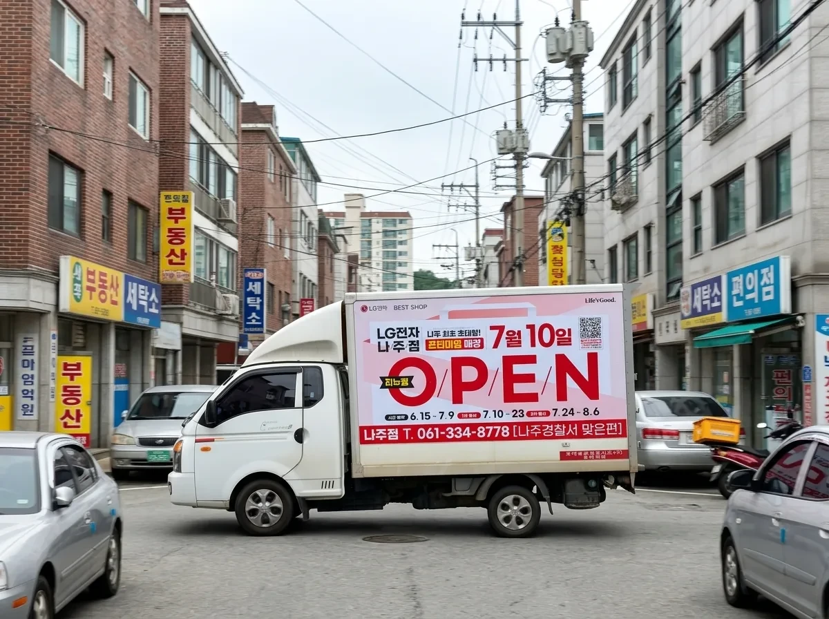 시공을 마친 광고 탑차가 상가 거리를 지나가는 모습